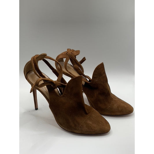 AQUAZZURA Women's Dark Brown Suede Leather Round-Tie Stiletto Heels SZ 40(US10)