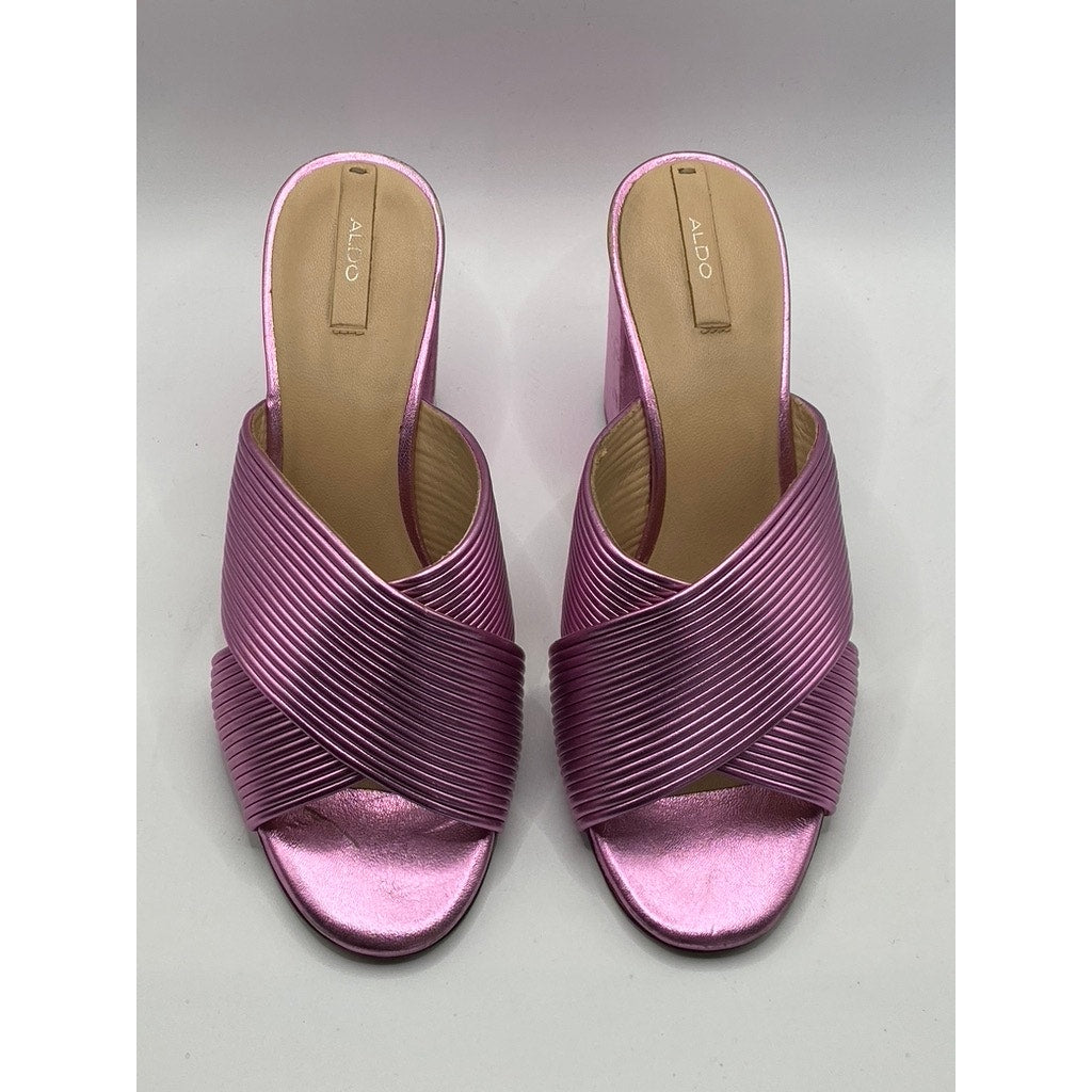 ALDO Women's Pink Metallic Round Peep-Toe Slip-On Block Heel Sandals SZ 7.5
