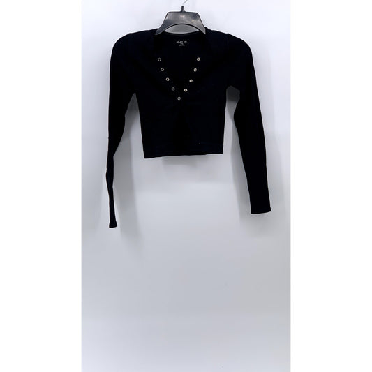 OUT FROM UNDER Women's Black Ribbed Henley Long Sleeve Cropped Casual Top SZ M