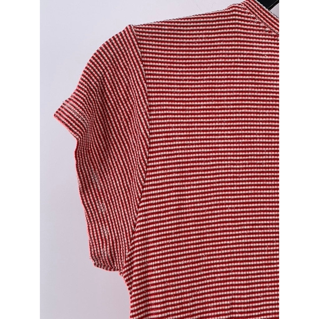 BRANDY MELVILLE Women's Red Ribbed Striped Crewneck Short Sleeve Top SZ OS