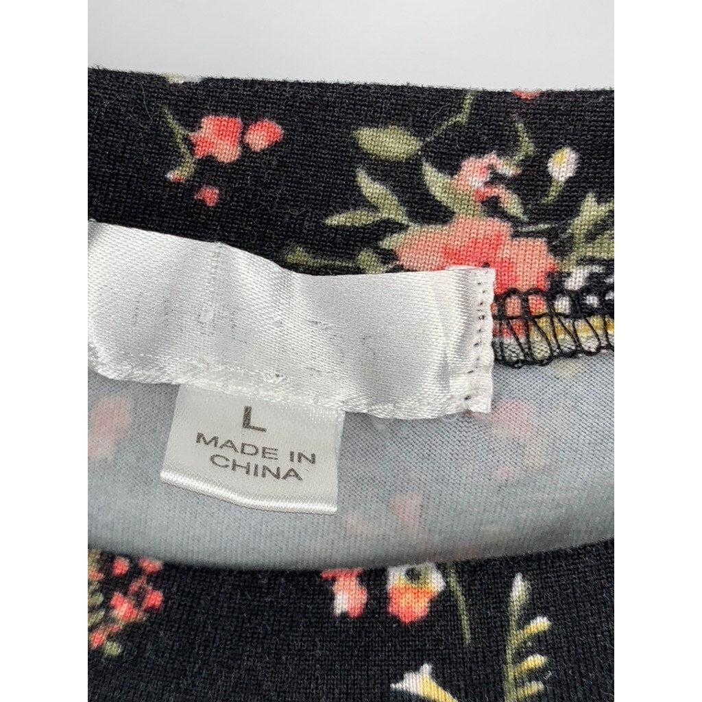 KISS Women's Black Floral Print Puff Short Sleeve Top SZ L