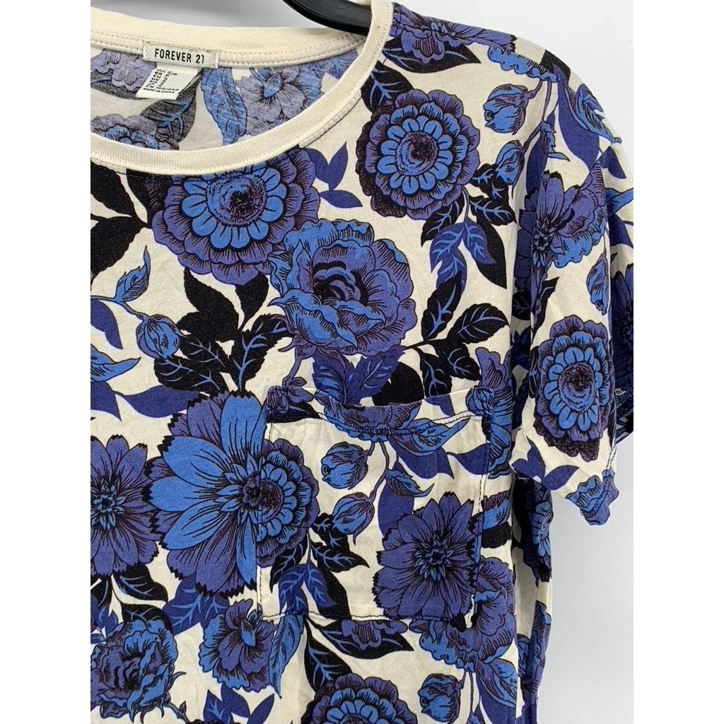 FORVER 21 Women’s Blue-Cream Floral Printed Crewneck Short Sleeve Crop Top SZ S
