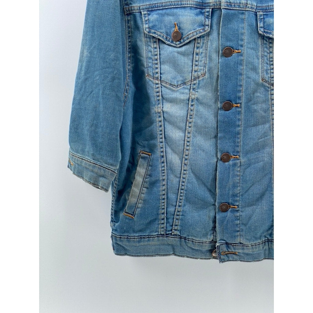 D-ID Women's Blue Distressed Button-Up Long Sleeve Jean Jacket SZ XS