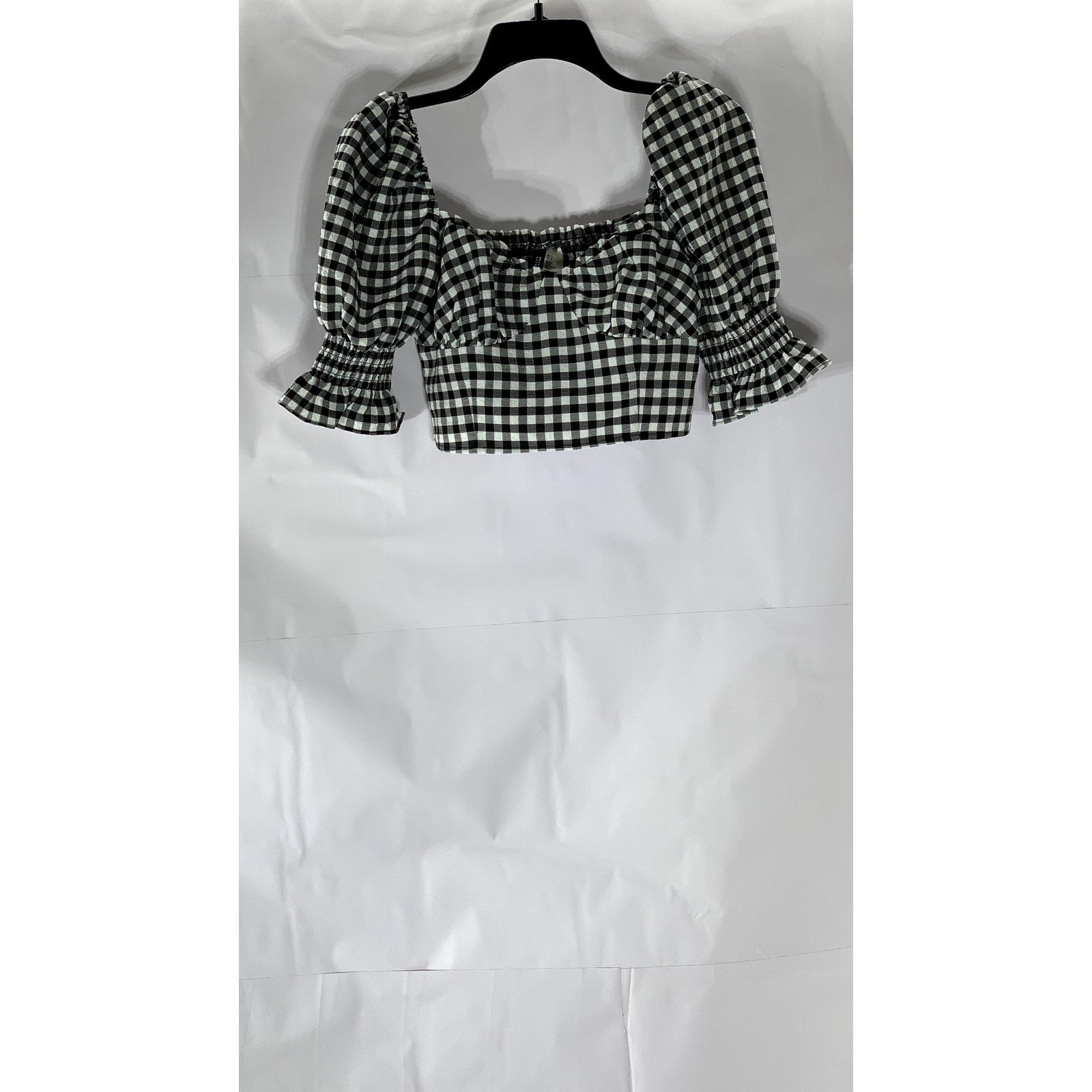 DIVIDED By H&M Women’s Black-White Checkered Sweetheart Neck Puff Crop Top SZ S