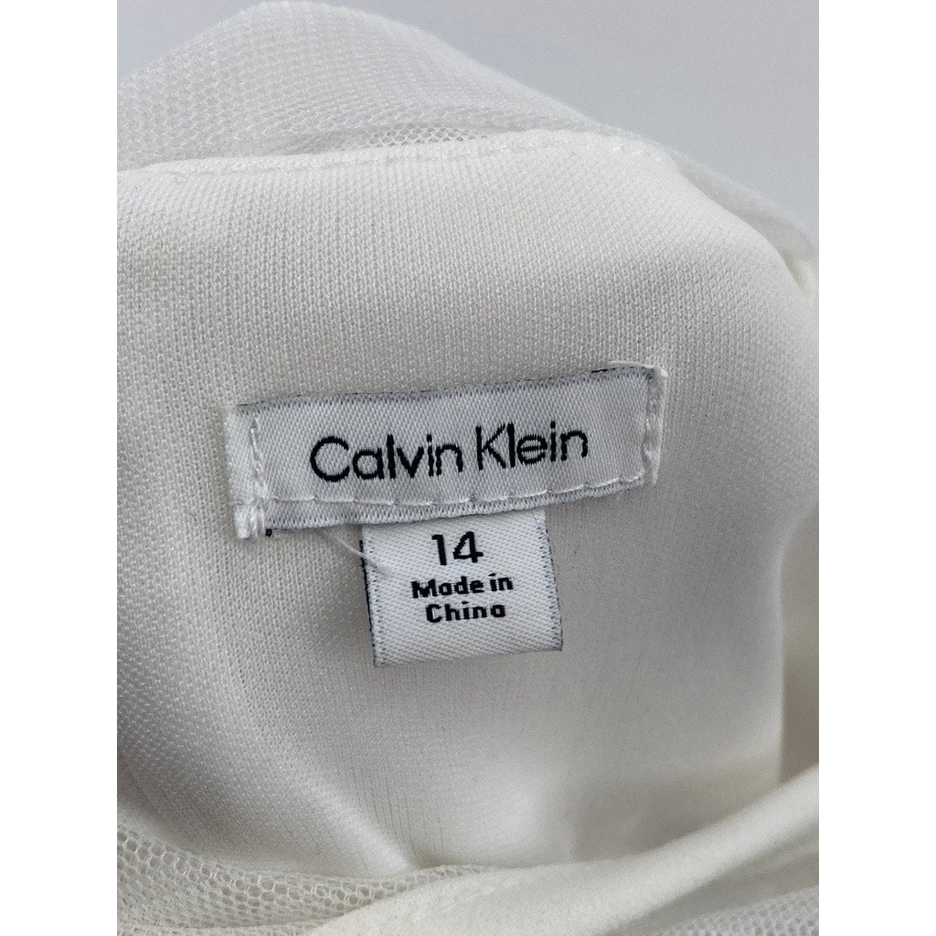 CALVIN KLEIN Girls' White Mesh Crewneck Sleeveless Fit & Flare Dress SZ 14