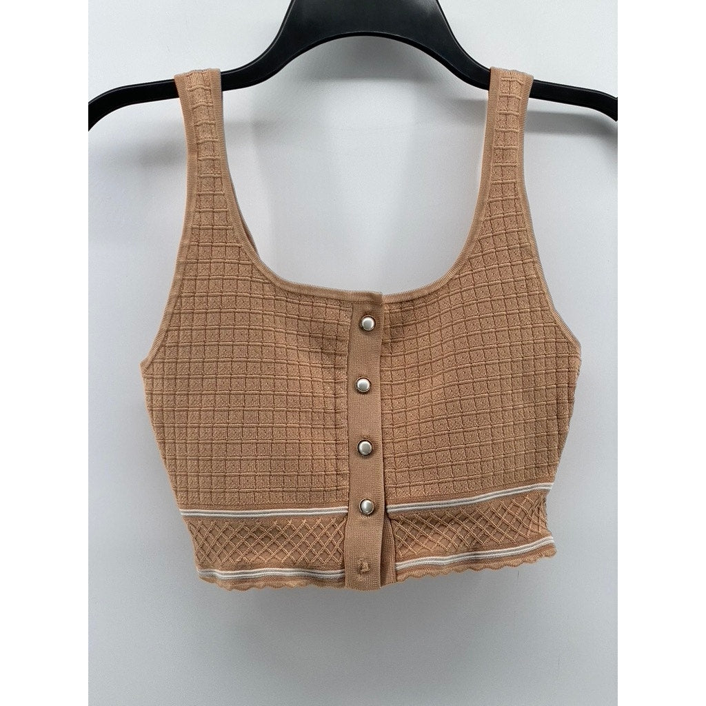 BABATON Women's Tan Sculpt Knit Button-Front Straight-Neck Cropped Tank Top SZ M