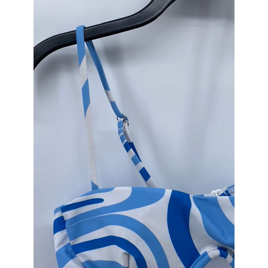 AURELLE Women's Blue-White Swirl Print Adjustable Strap Bikini Top SZ M