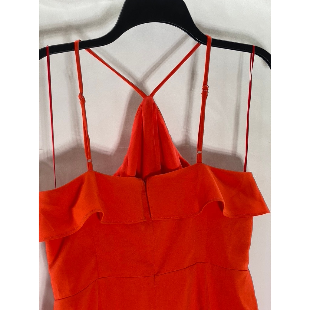 KIMCHI BLUE Women's Red-Orange Solid Ruffle Y-Neck A-Line Mini Dress SZ 8