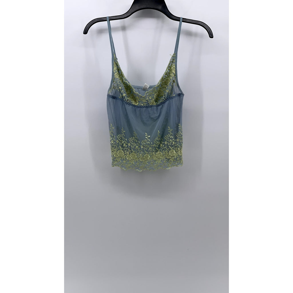 UNBRANDED Women's Blue-Yellow Lace-Trim Spaghetti Strap Sheer Camisole Top SZ M
