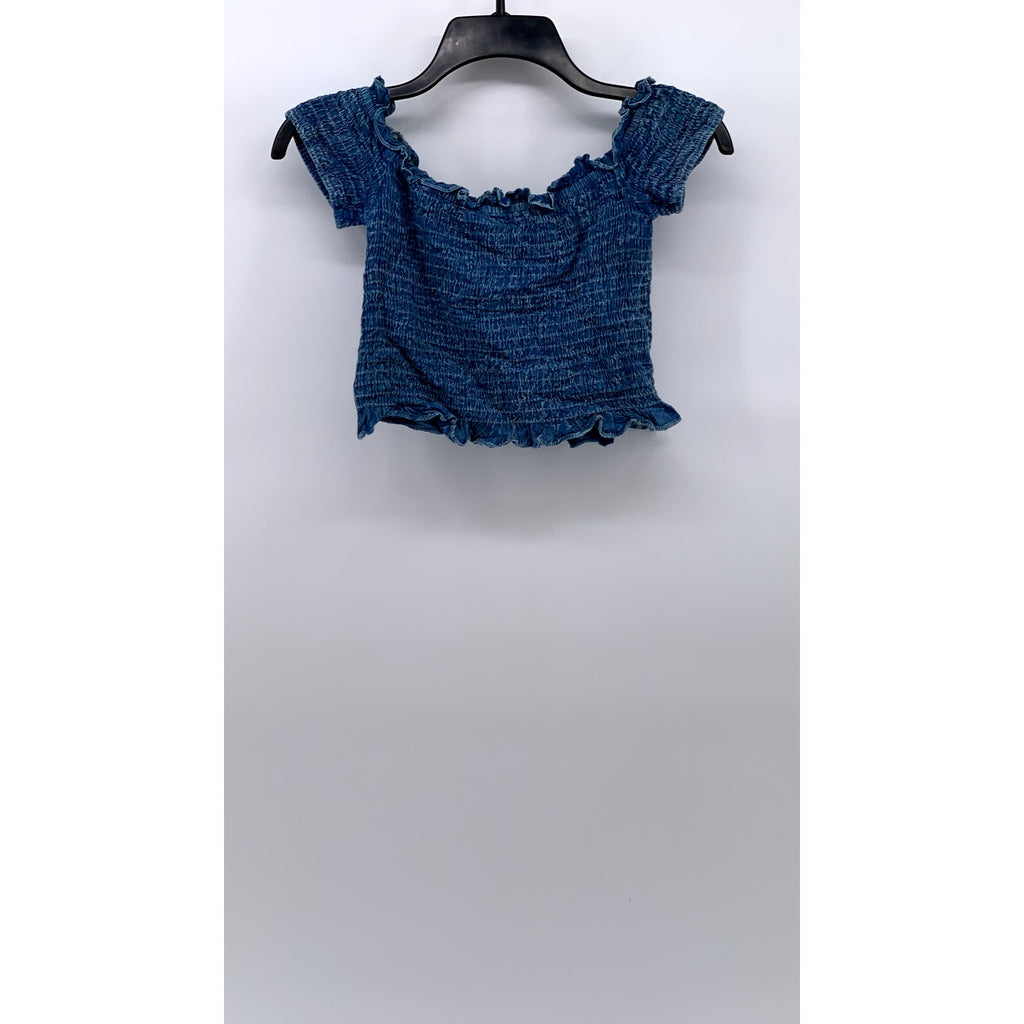 KIWI + PUNCH Women's Blue Denim Smocked Off-The-Shoulder Cropped Top SZ M