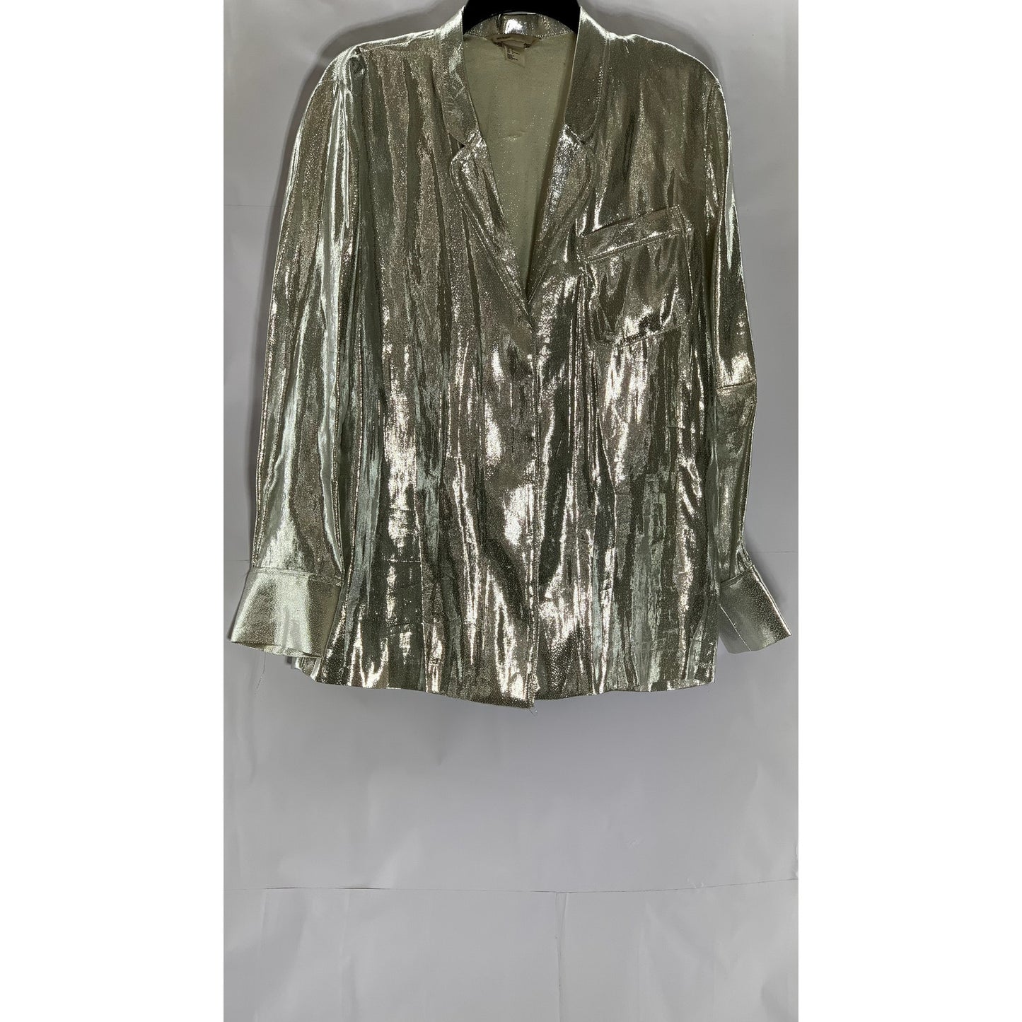H&M Women’s Silver Silk-Blend Metallic Shimmering Button-Up Long Sleeve Top SZ 4