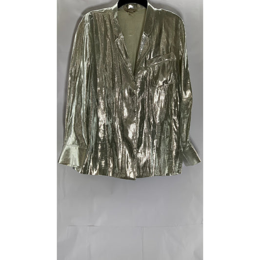H&M Women’s Silver Silk-Blend Metallic Shimmering Button-Up Long Sleeve Top SZ 4