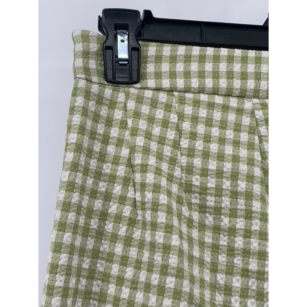 BERSHKA Women's Green-White Gingham Kick Flare Pocketless Split Hem Pant SZ 2