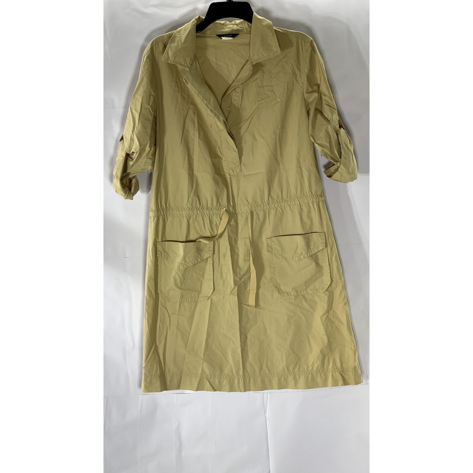 J.CREW Women's Tan Roll-Tab Elbow Sleeve Drawstring Waist Half-Button Dress SZ M