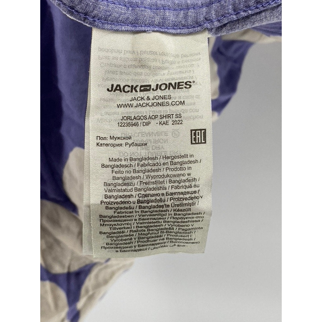 JACK & JONES Men's Blue-White Jorlagos Floral Button-Up Short Sleeve Shirt SZ L