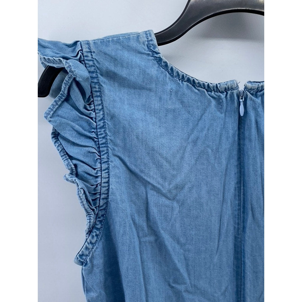 PRIMARK Women's Blue Denim Crewneck Ruffle Belted Fit & Flare Mini Dress SZ 8