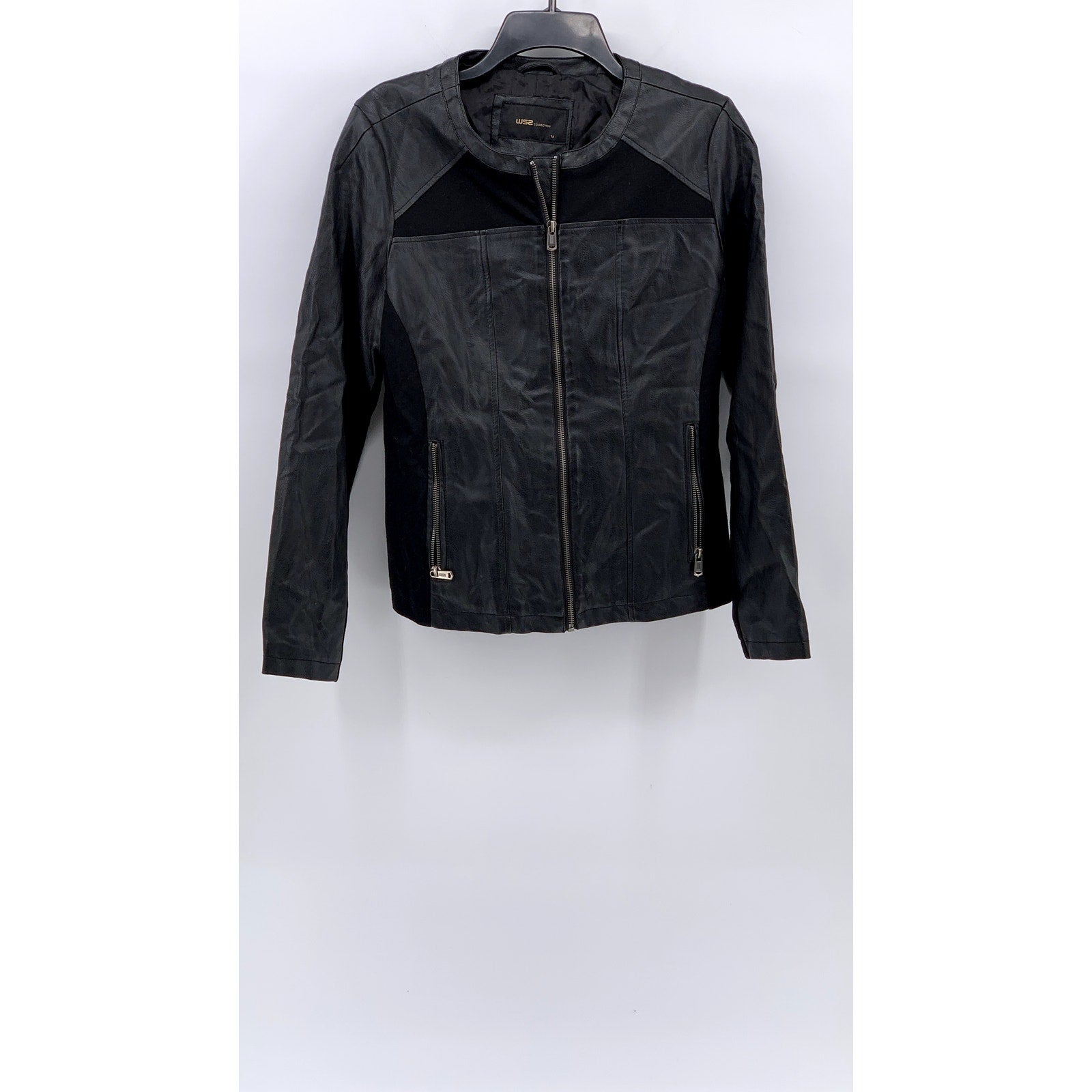 WS2 COLLECTION Women's Black Faux-Leather Zip-Up Long Sleeve Jacket SZ M