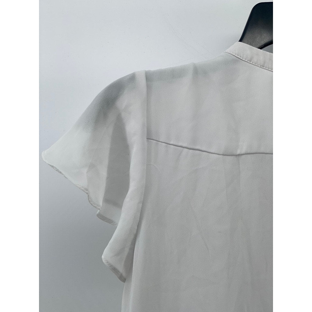 H&M Women's White Pleated Button-Up Short Flutter Sleeve Semi Sheer Top SZ 4