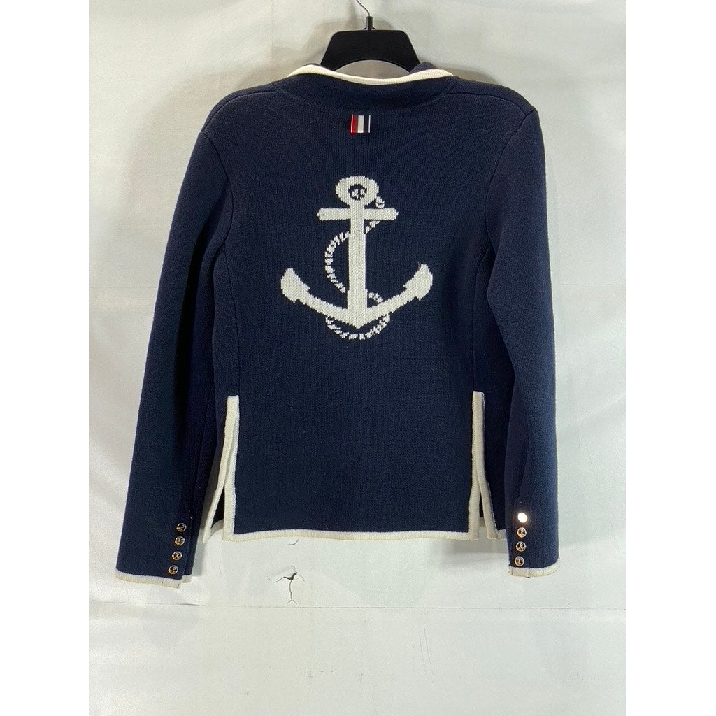 THOM BROWNE New York Women's Navy White Anchor Button-Front Cardigan SZ 0(XS)