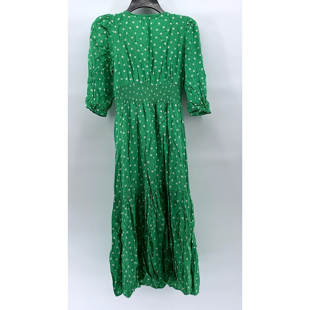 ZARA Women's Green-White Polka Dot Smocked V-Neck Button-Front Midi Dress SZ XS