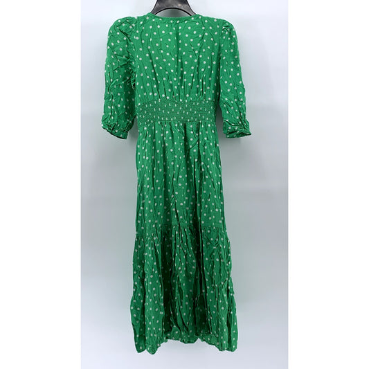 ZARA Women's Green-White Polka Dot Smocked V-Neck Button-Front Midi Dress SZ XS