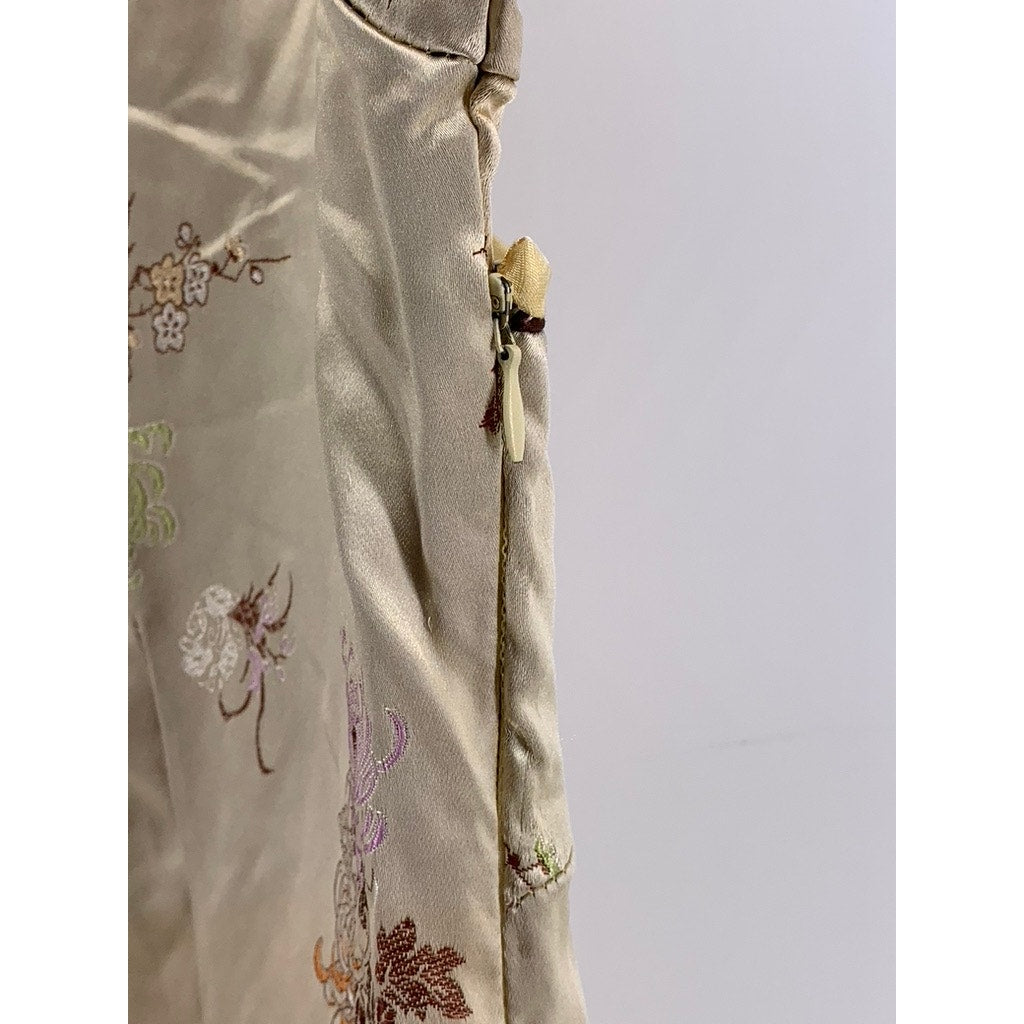 SILKROAD CREATIONS Women's Beige Satin Floral Print Cheongsam Dress SZ 40(US12)