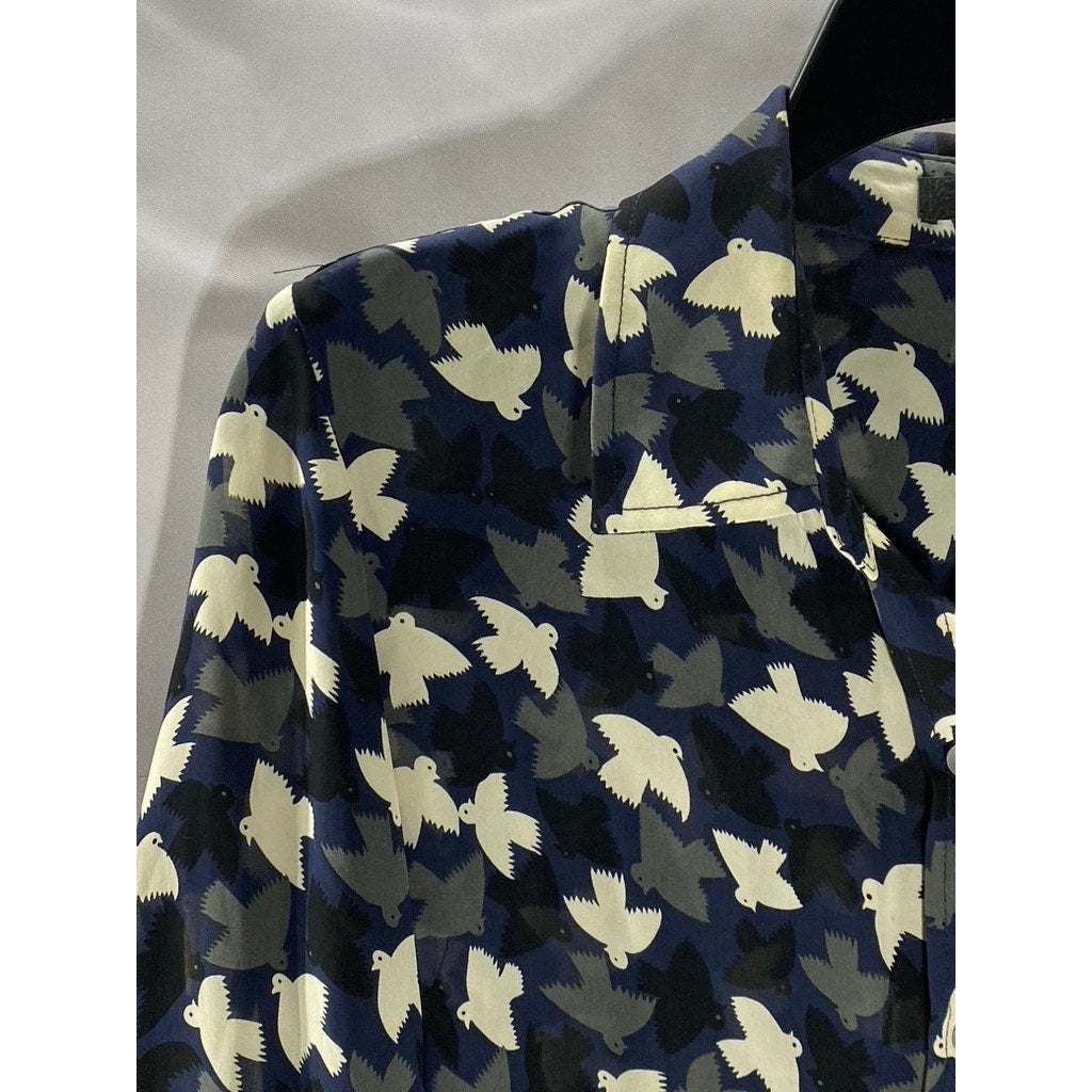 OAK73 Women's Blue/Black/White Bird Print Button-Up Long Sleeve Top SZ M