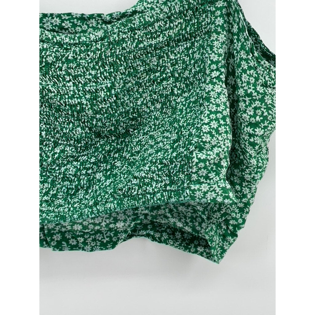 SHEIN Women's Green Ditsy Floral Smocked Tie Spaghetti Strap Cropped Top SZ M