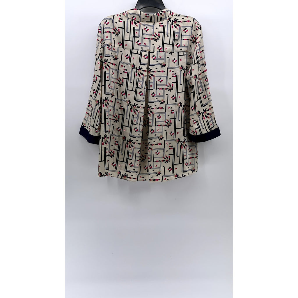 PURIFICACION GARCIA Women's Beige-Navy Printed Split-Neck Blouse SZ 38(US-S)