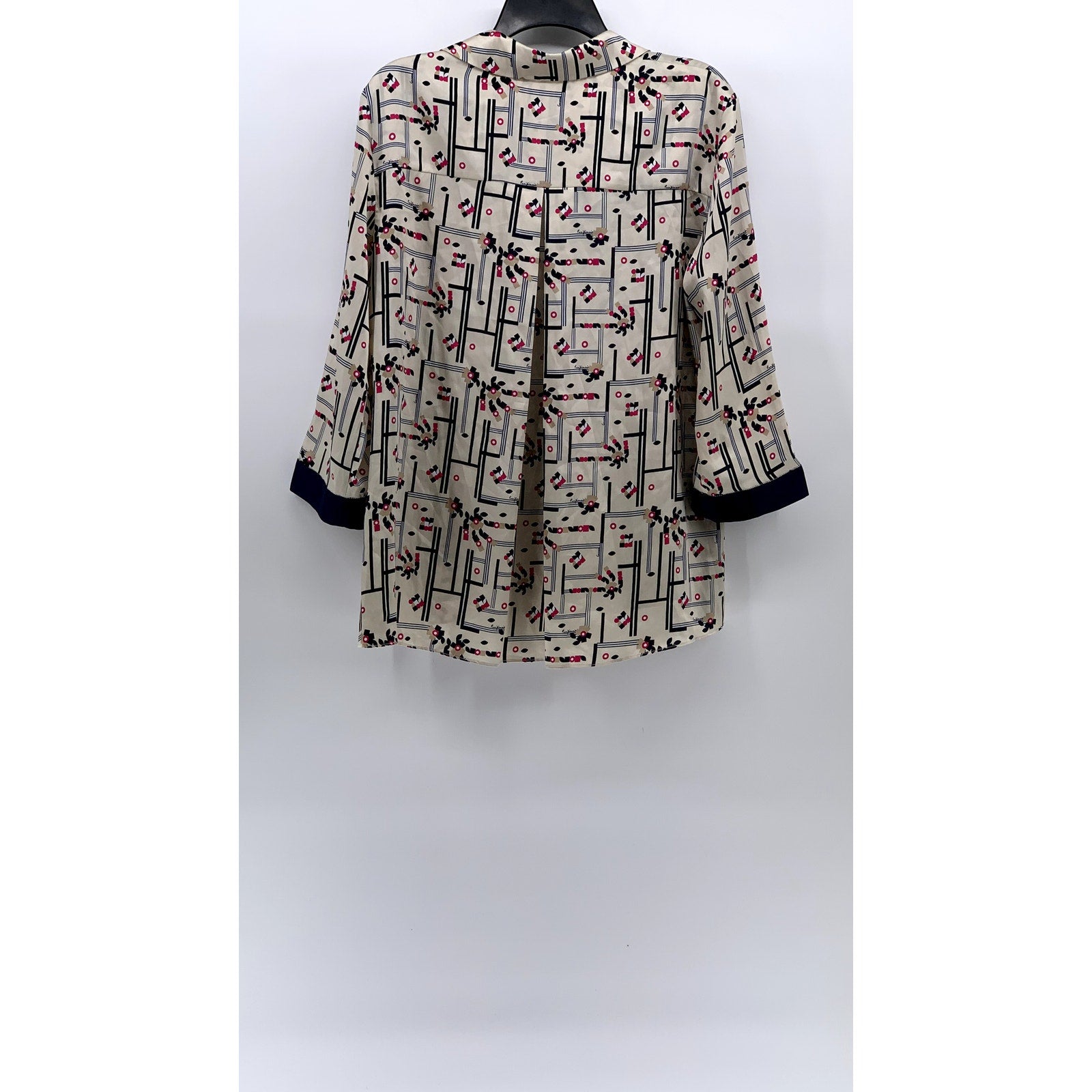 PURIFICACION GARCIA Women's Beige-Navy Printed Split-Neck Blouse SZ 38(US-S)