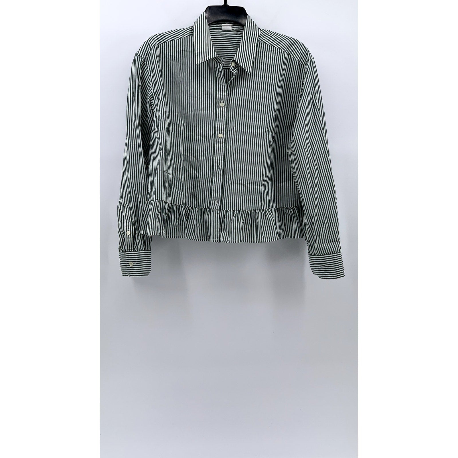 GAP Women's Green-White Striped Ruffle Hem Button-Up Long Sleeve Top SZ S
