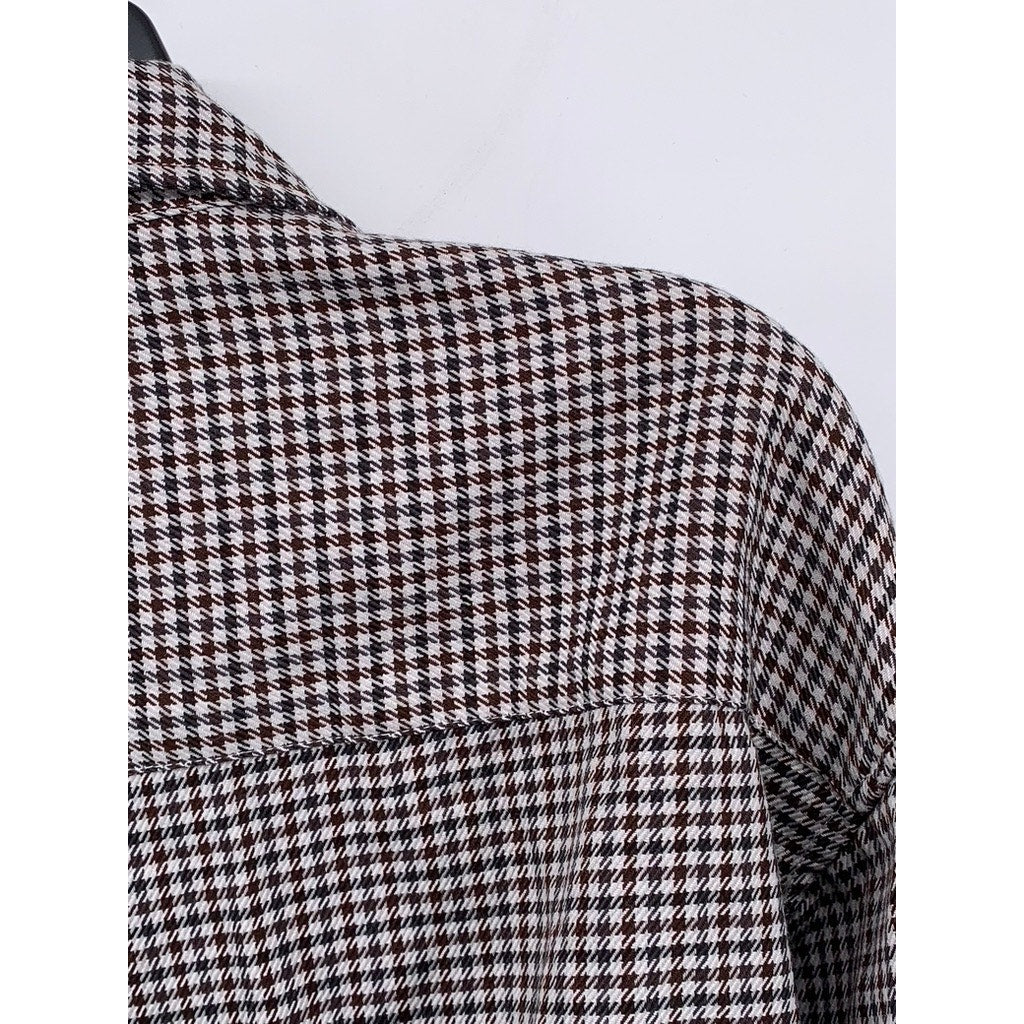 NYLAUS Men's Brown-Black Houndstooth Print Button-Up Rare Vintage Shirt SZ L