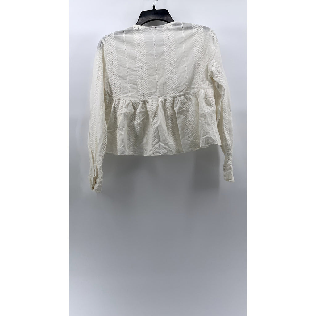 NIC & JO Women's White Embroidered Eyelet V-Neck Long Sleeve Ruffle-Hem Top SZ M