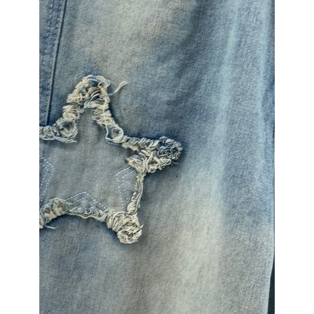 UNBRANDED Women's Light Blue Dyed Star Patch Streetwear Straight-Slim Jeans SZ M