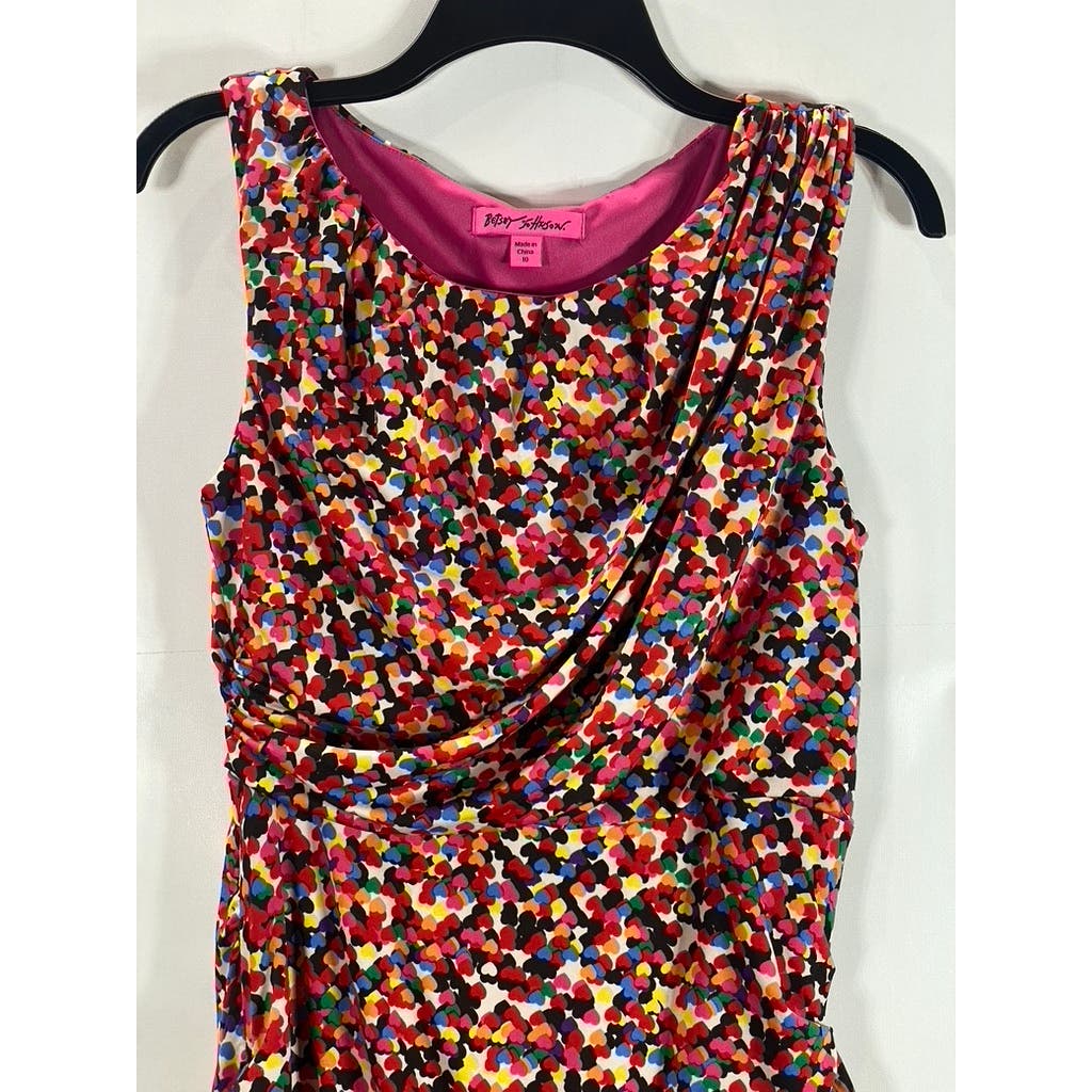 BETSEY JOHNSON Women's Multi Heart Print Scoop-Neck Sleeveless Ruched Dress SZ10