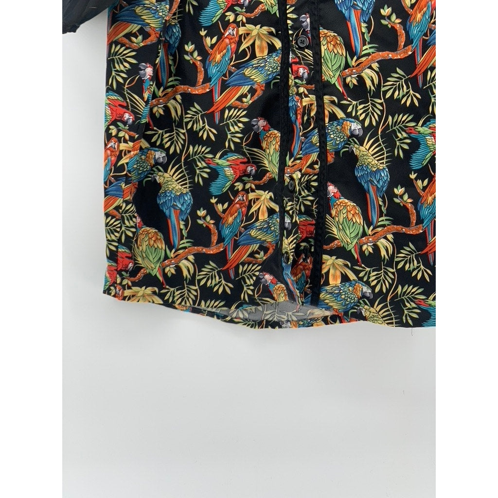 UNBRANDED Men's Black Tropical Print Button-Up Short Sleeve Shirt SZ L
