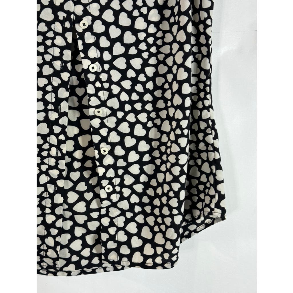 CYNTHIA ROWLEY Women's Black/White Heart Print Sleeveless Button-Up Top SZ XS