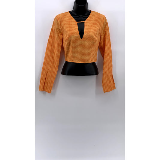 BERSHKA Women's Orange-White Gingham Long Sleeve V-Neck Cutout Cropped Top SZ S