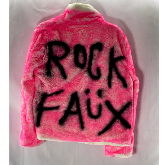 ROCKSTAR ORIGINAL Women's Pink Faux-Fur Rock Faux Graffiti Open-Front Coat SZ M