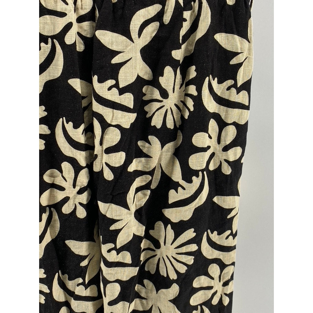 LOST & WONDER Women's Black-Beige Tropic Flair Printed Crewneck Jumpsuit SZ L