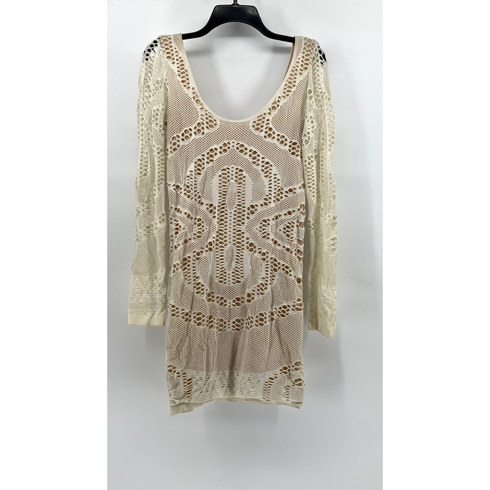 UNBRANDED Women's Cream Lace Long Sleeve Scoop-Neck Mini Dress SZ S