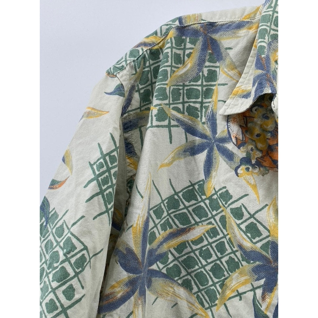 GREAT LAND Men's Vintage White-Green Regular-Fit Button-Up Hawaiian Shirt SZ L