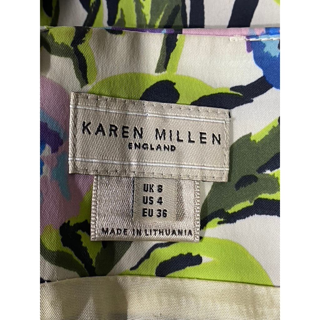 KAREN MILLEN Women's White/Purple Floral Ruffle-Hem Knee Length Skirt SZ 4