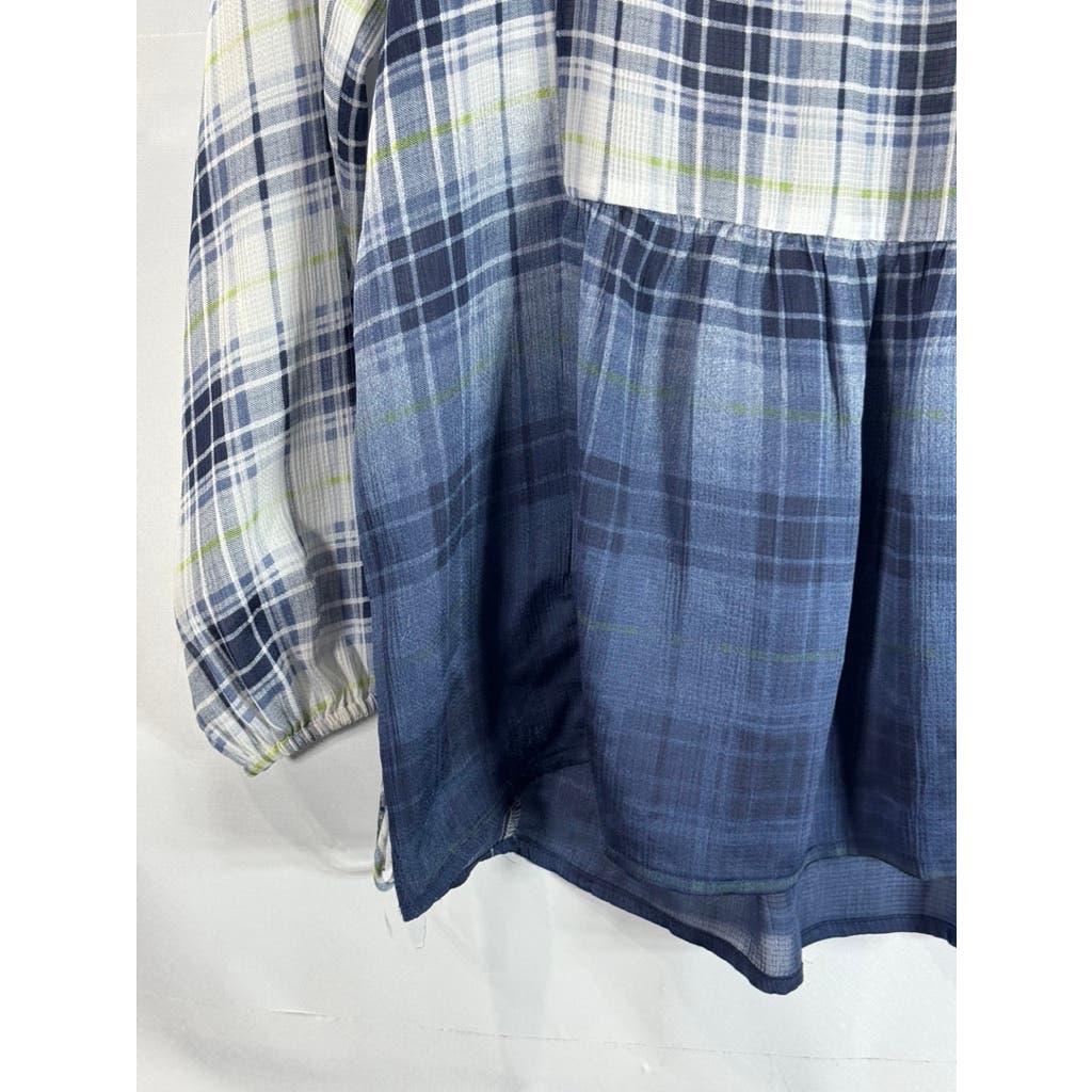 PRINCESS VERA WANG Women's Blue/White Ombre Plaid Tie-Cuff Long Sleeve Top SZ S