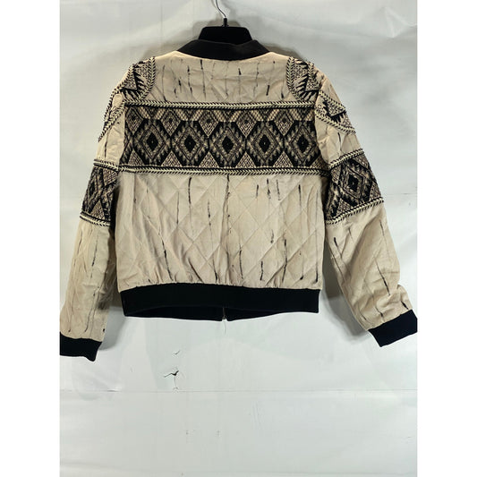 ALPHAMOMENT Women's Black/Beige Embroidered Printed Zip-Up Jacket SZ 38(S)