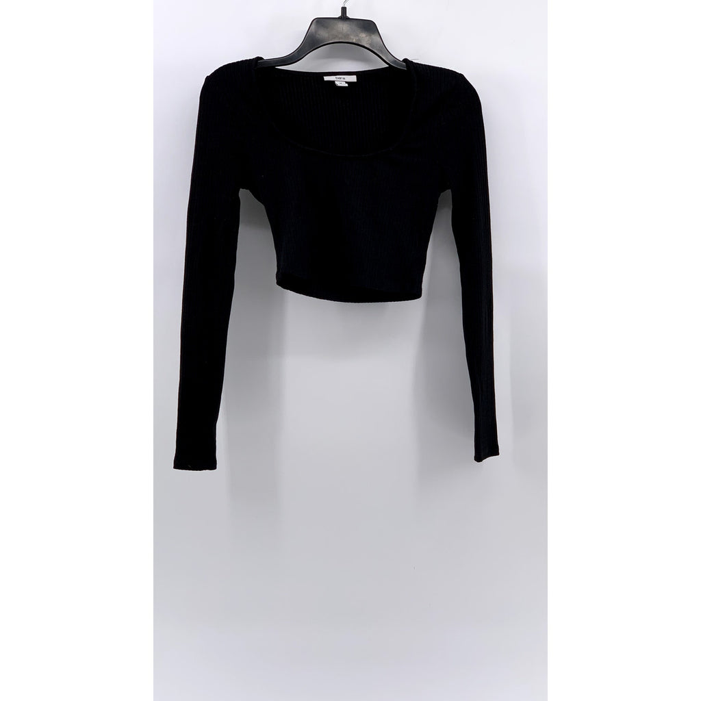 BAR III Women's Black Ribbed Straight-Neck Long Sleeve Crop Top SZ XS