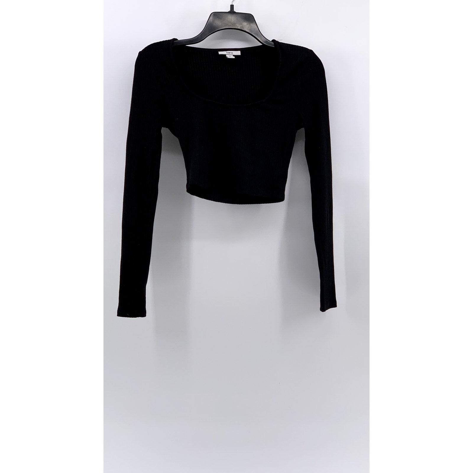 BAR III Women's Black Ribbed Straight-Neck Long Sleeve Crop Top SZ XS