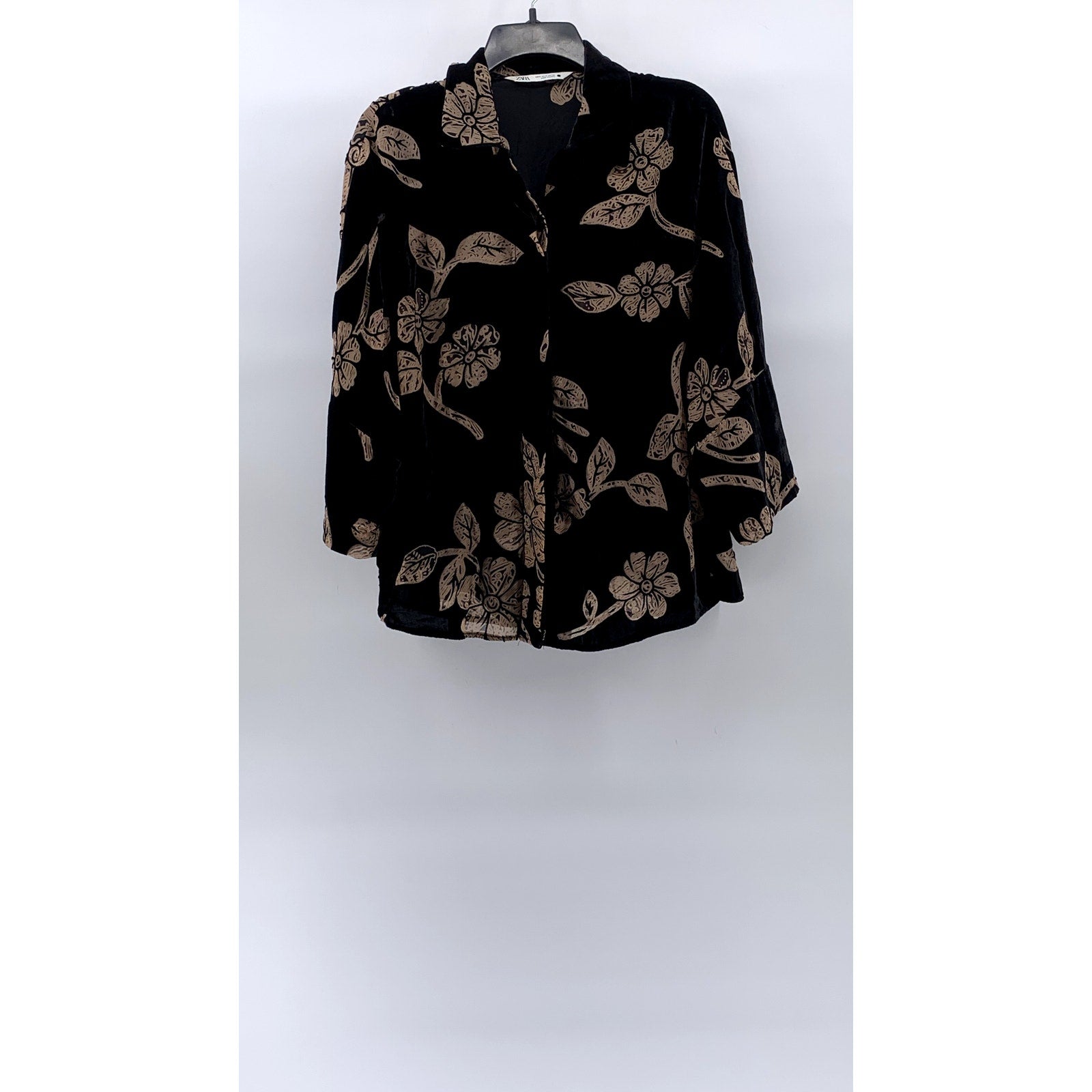 ZARA Women's Black-Beige Floral Burnout Button-Up Long Sleeve Top SZ S