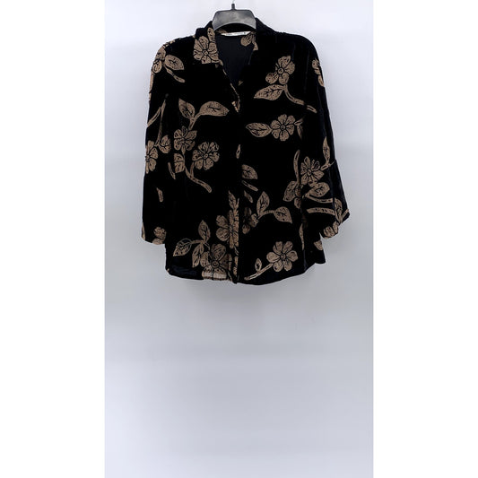 ZARA Women's Black-Beige Floral Burnout Button-Up Long Sleeve Top SZ S