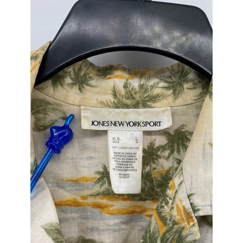 JONES NEW YORK SPORT Women's Tan Linen Floral Button-Up Short Sleeve Top SZ L
